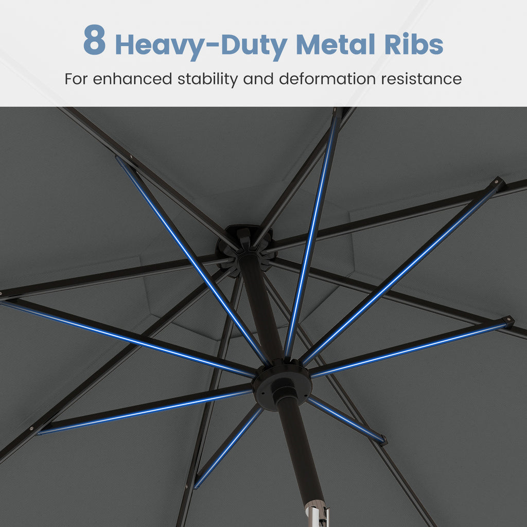 10 Ft Solar Patio Umbrella with 96 LED Lights & Tilt - Gray