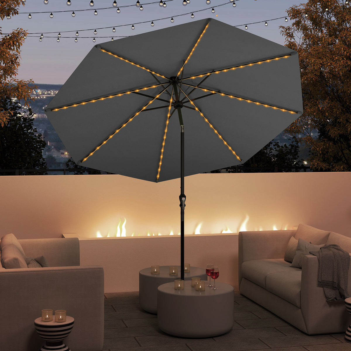 10 Ft Solar Patio Umbrella with 96 LED Lights & Tilt - Gray