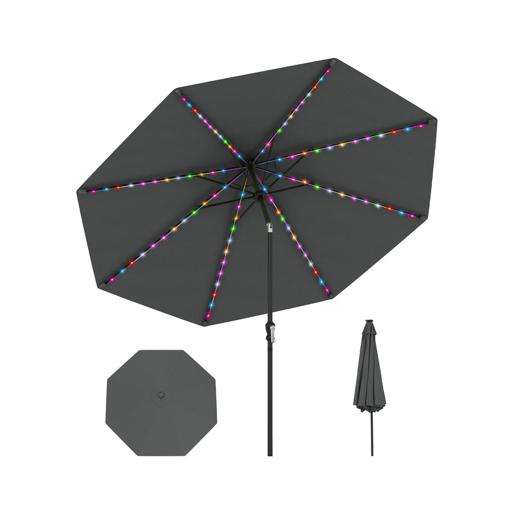 10 Ft Solar Patio Umbrella with 96 LED Lights & Tilt - Gray