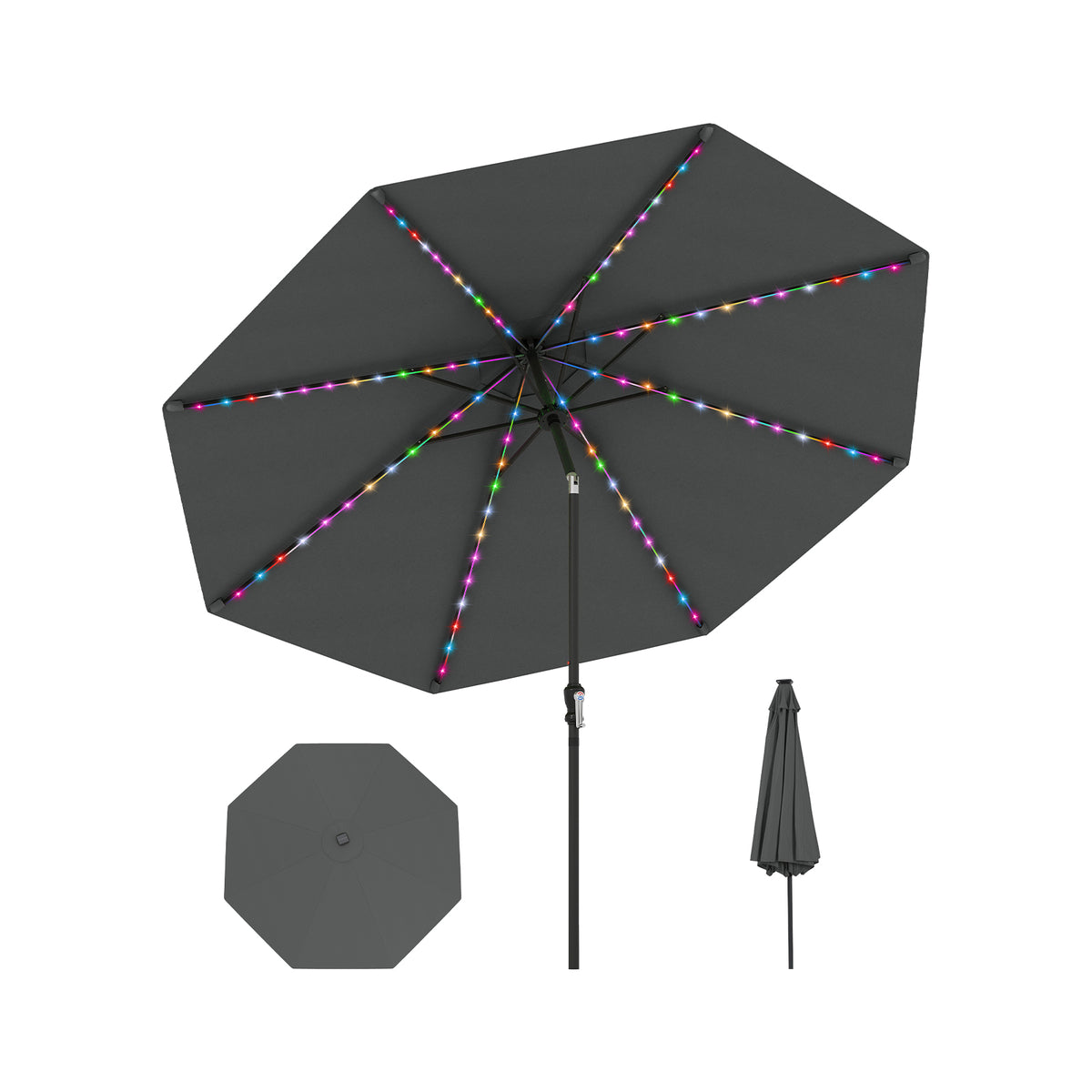 10 Ft Solar Patio Umbrella with 96 LED Lights & Tilt - Gray