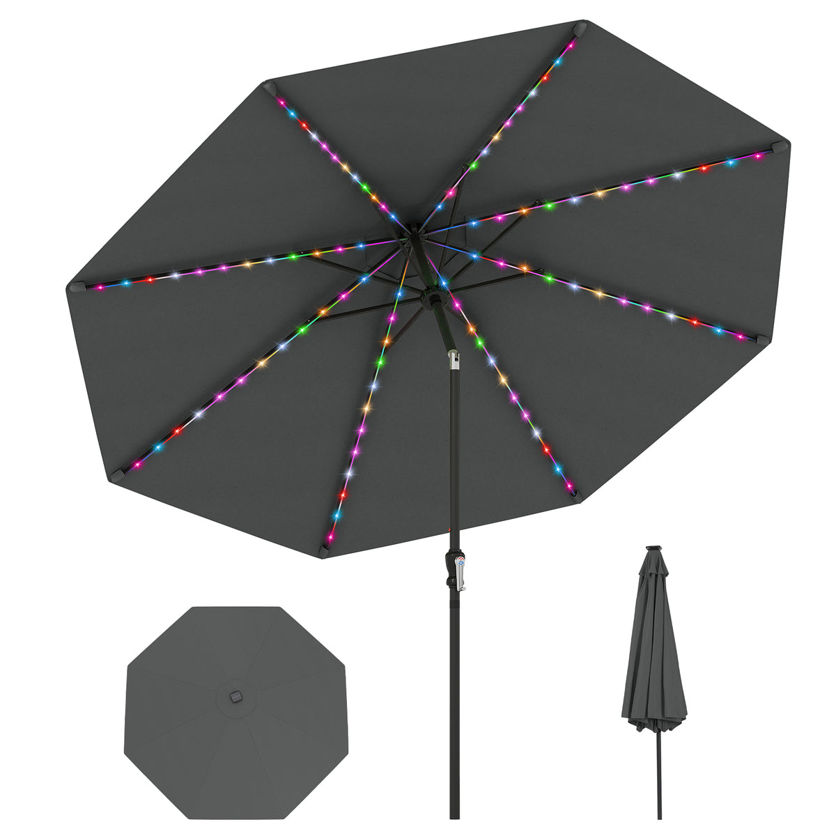 10 Ft Solar Patio Umbrella with 96 LED Lights & Tilt - Gray