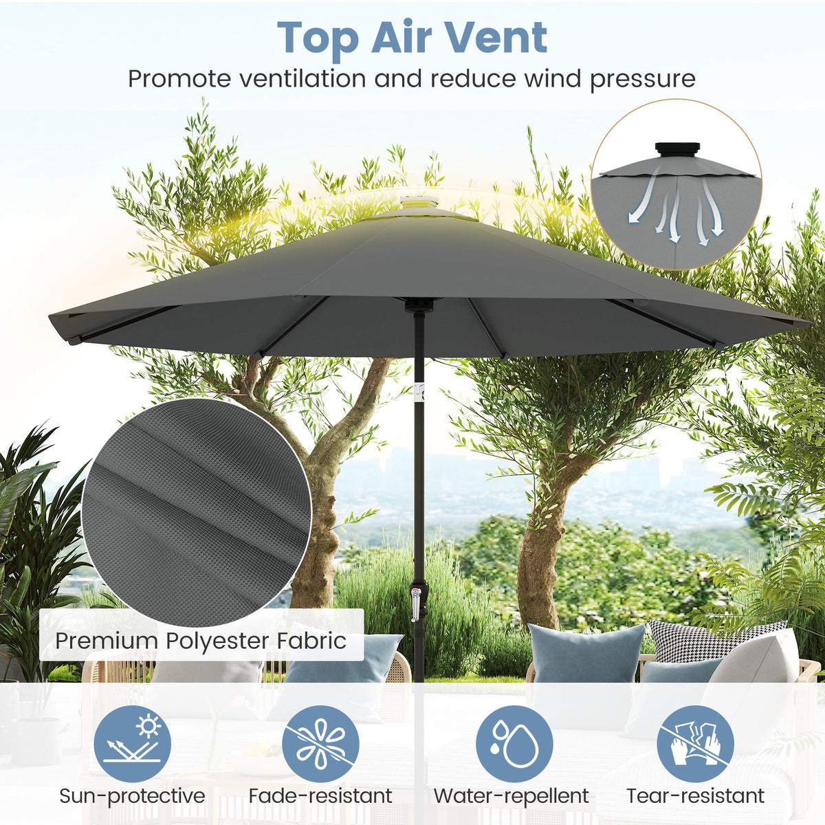 10 Ft Solar Patio Umbrella with 96 LED Lights & Tilt - Gray