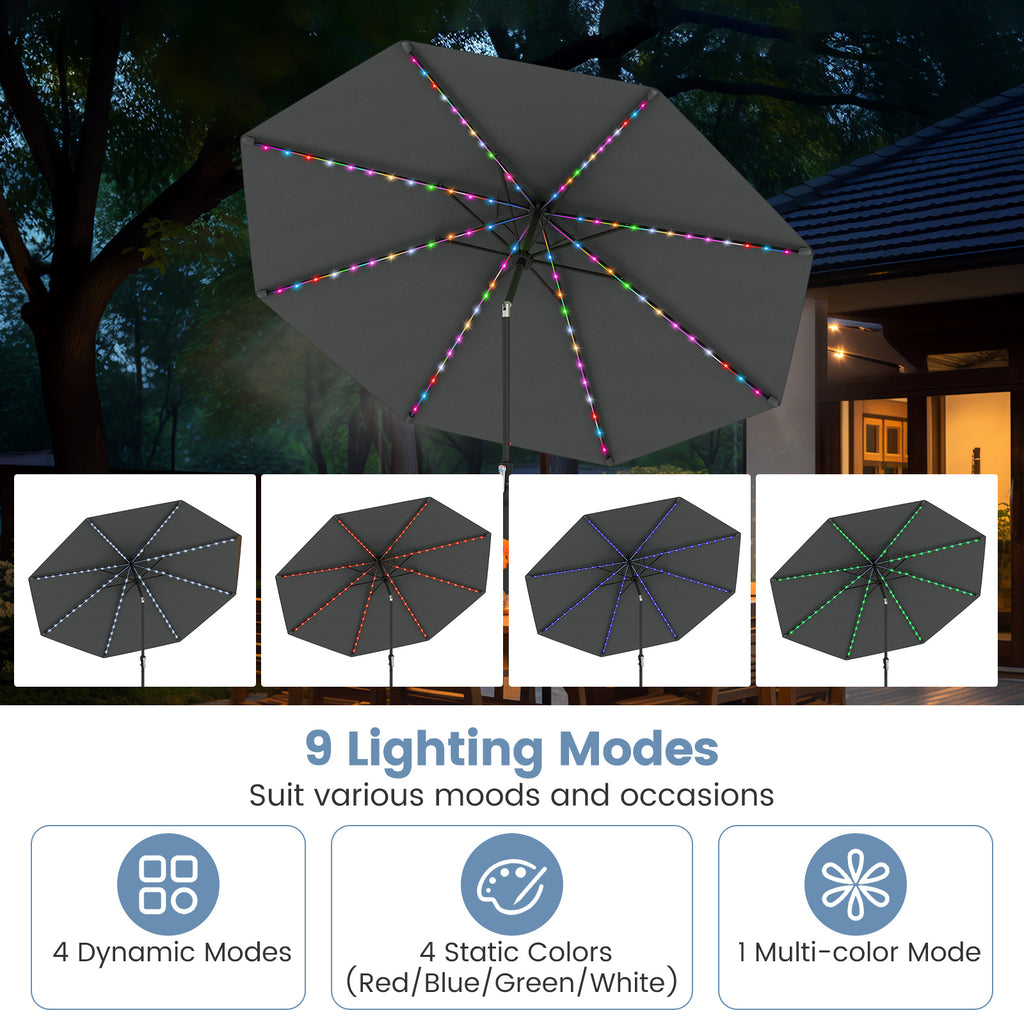 10 Ft Solar Patio Umbrella with 96 LED Lights & Tilt - Gray