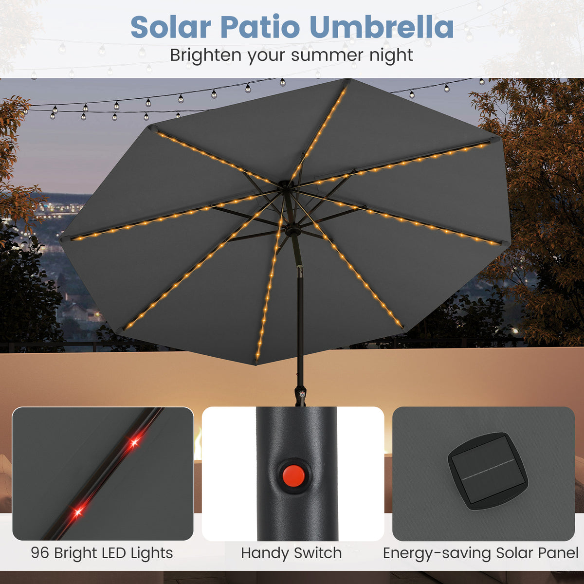 10 Ft Solar Patio Umbrella with 96 LED Lights & Tilt - Gray
