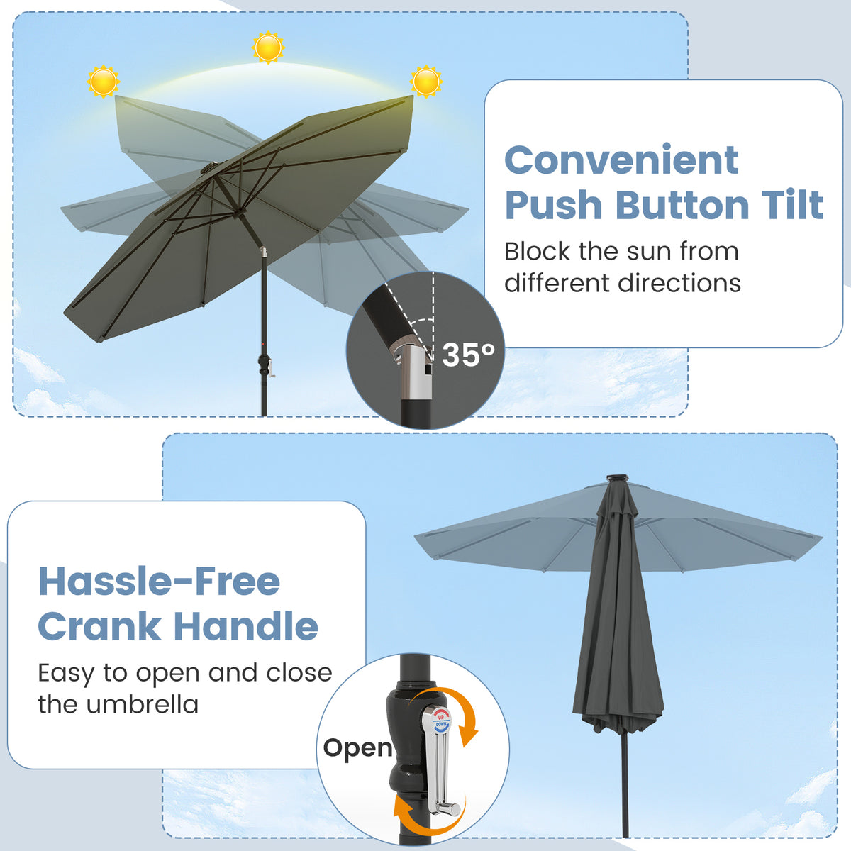 10 Ft Solar Patio Umbrella with 96 LED Lights & Tilt - Gray