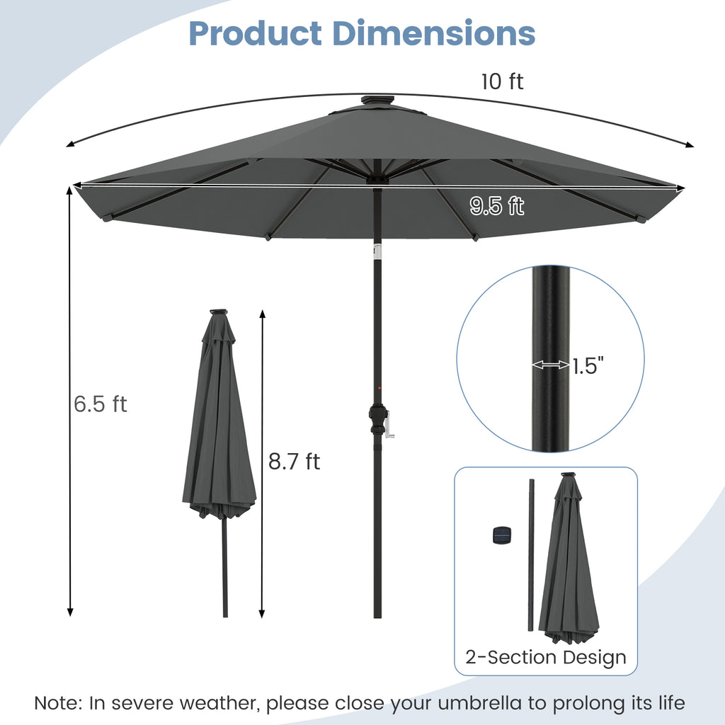 10 Ft Solar Patio Umbrella with 96 LED Lights & Tilt - Gray