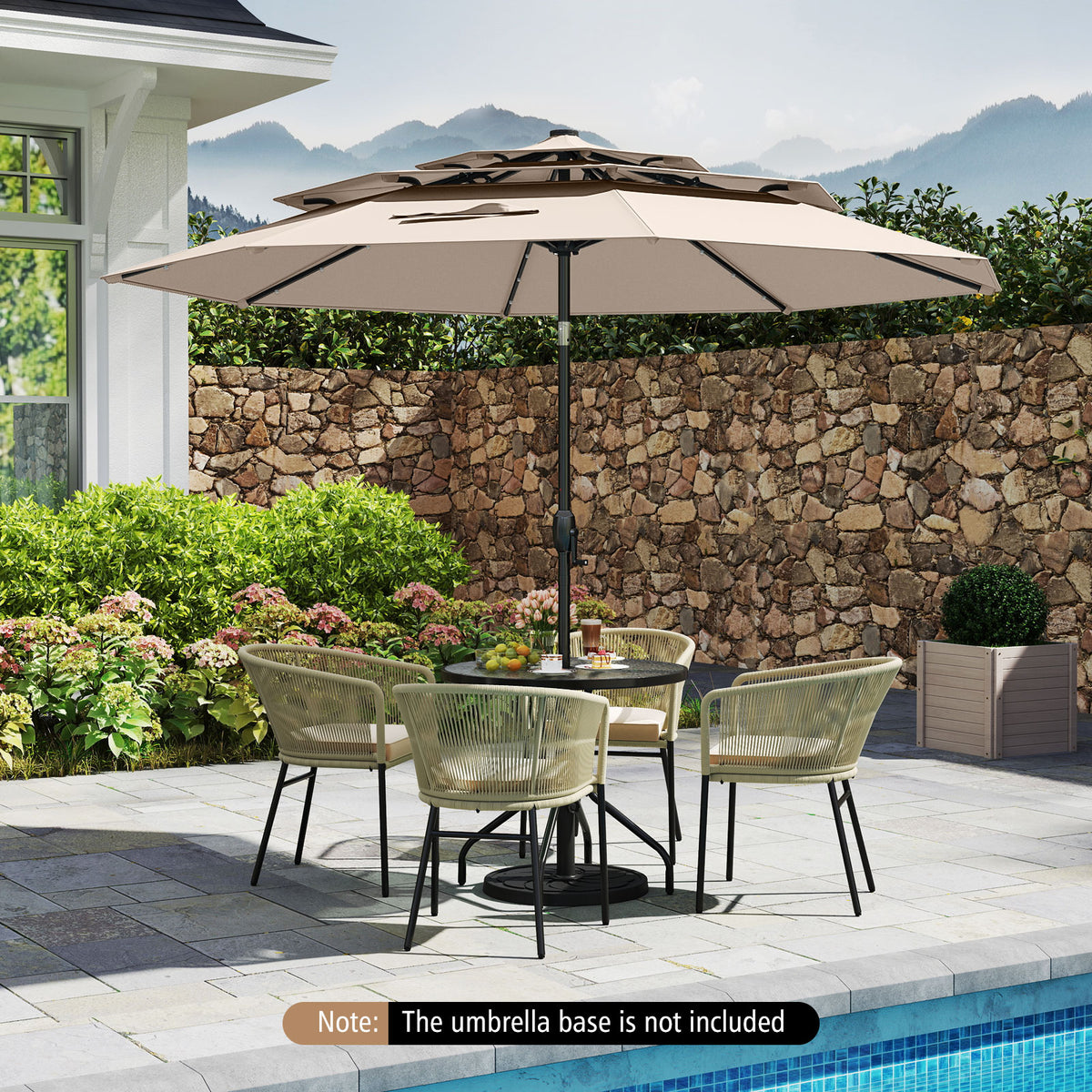 10 ft Solar Patio Umbrella with 32 LED Lights, 3-Tier, Beige