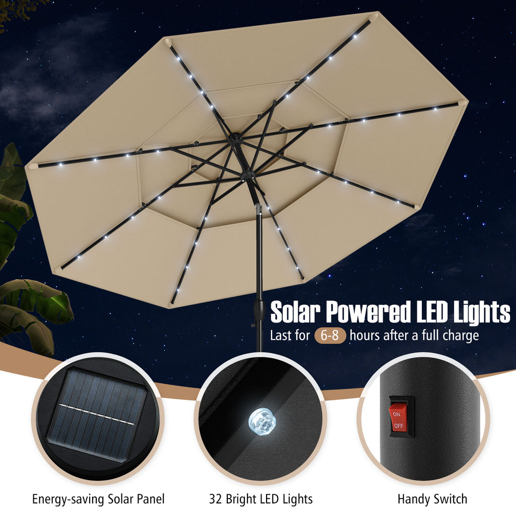10 ft Solar Patio Umbrella with 32 LED Lights, 3-Tier, Beige