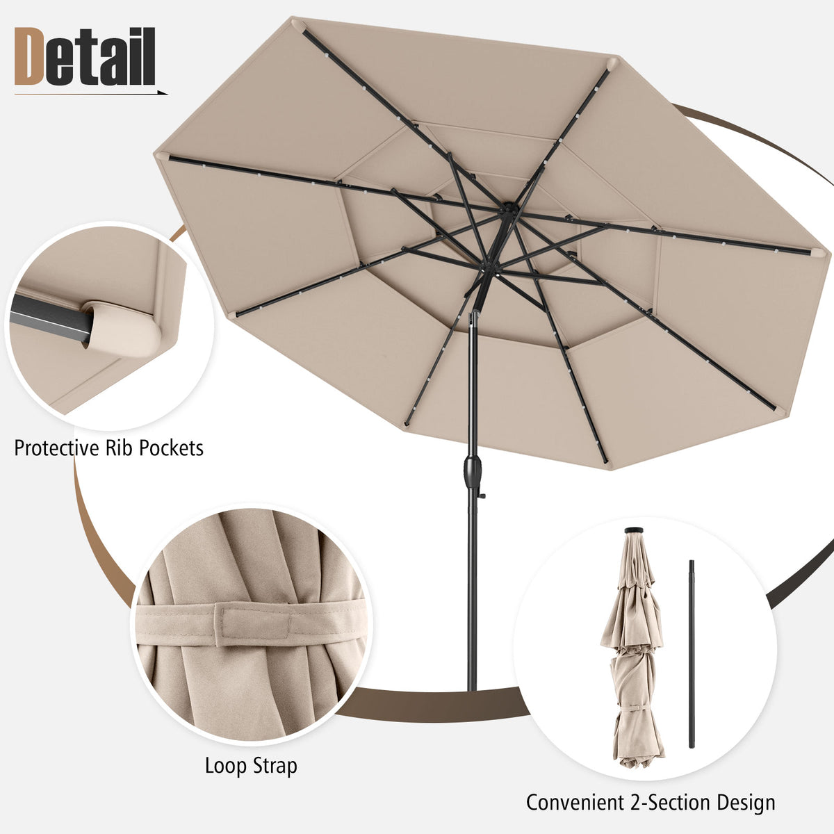 10 ft Solar Patio Umbrella with 32 LED Lights, 3-Tier, Beige