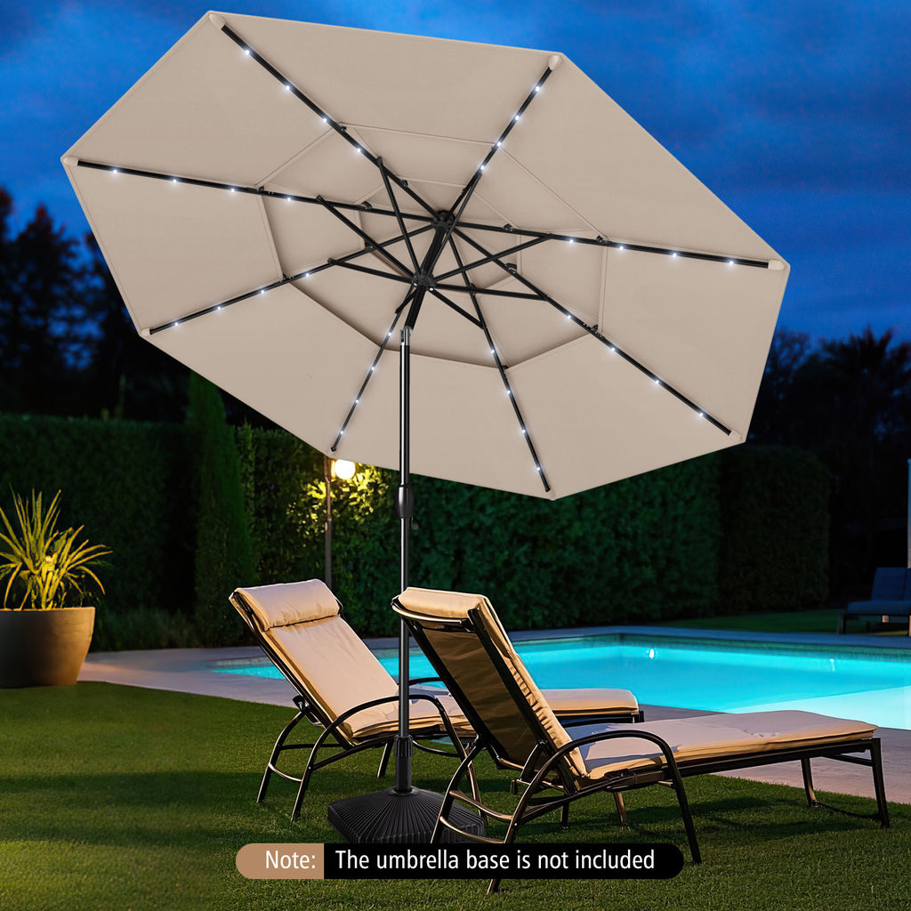 10 ft Solar Patio Umbrella with 32 LED Lights, 3-Tier, Beige