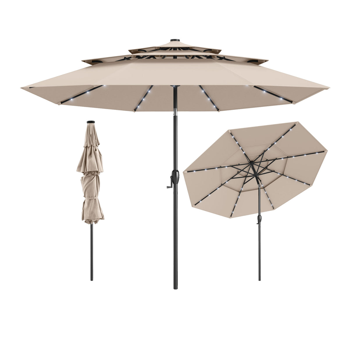 10 ft Solar Patio Umbrella with 32 LED Lights, 3-Tier, Beige