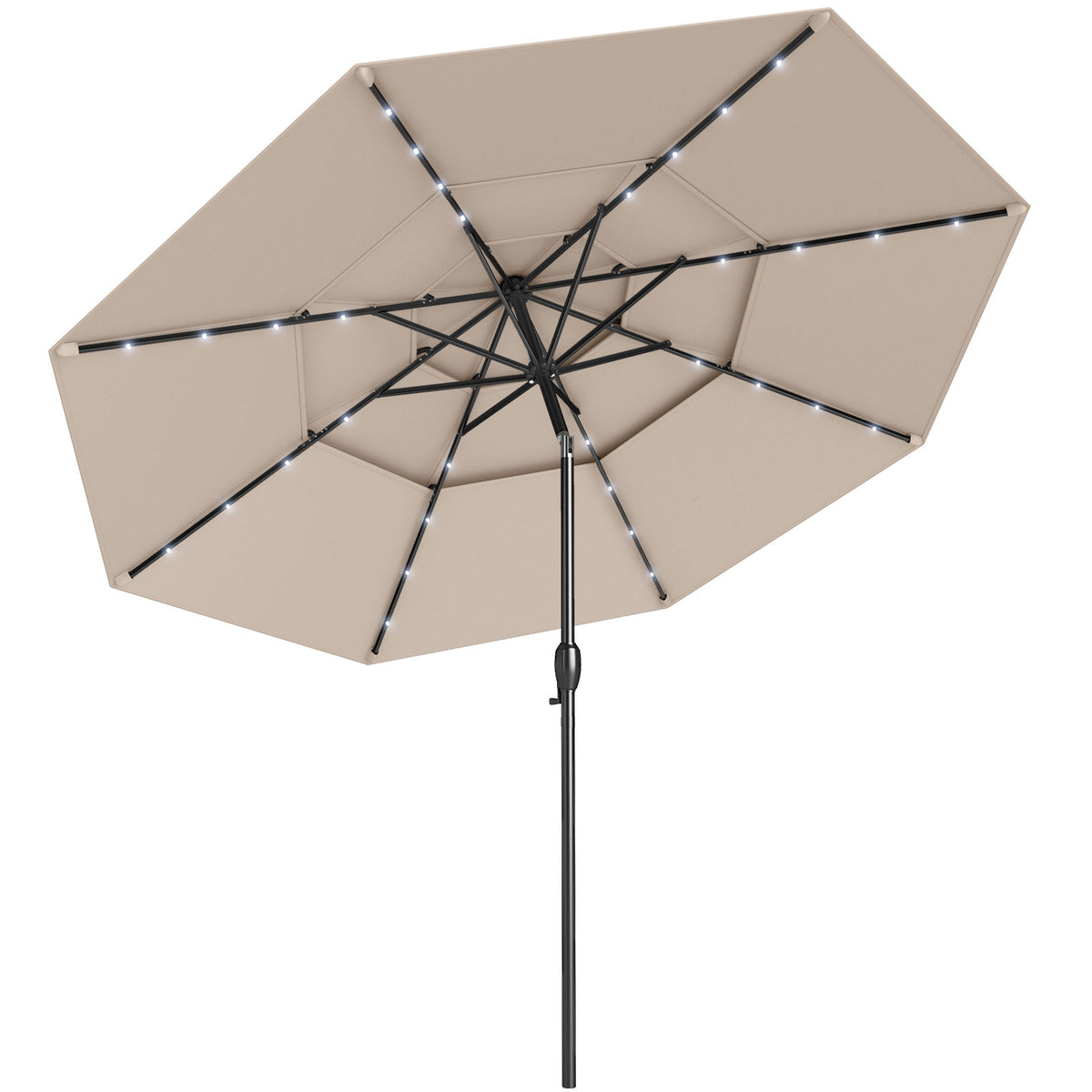 10 ft Solar Patio Umbrella with 32 LED Lights, 3-Tier, Beige