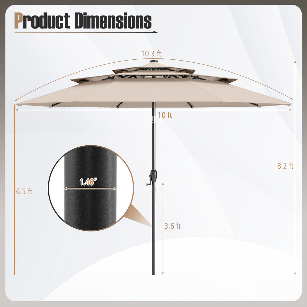 10 ft Solar Patio Umbrella with 32 LED Lights, 3-Tier, Beige