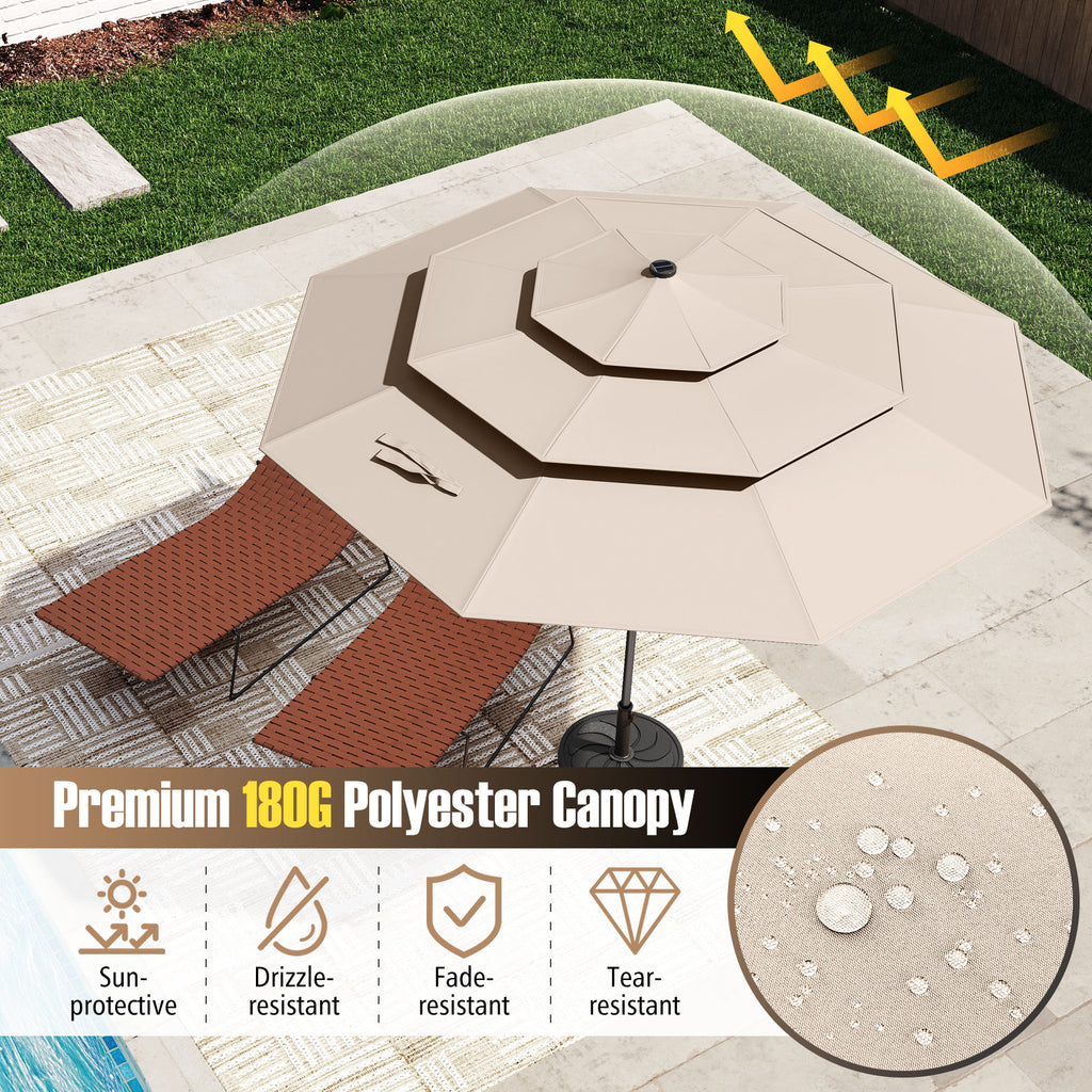 10 ft Solar Patio Umbrella with 32 LED Lights, 3-Tier, Beige