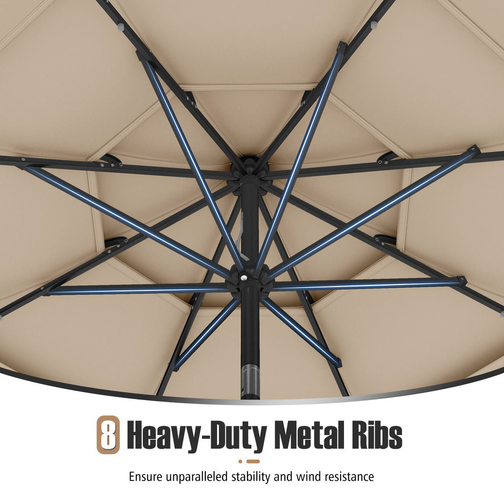 10 ft Solar Patio Umbrella with 32 LED Lights, 3-Tier, Beige