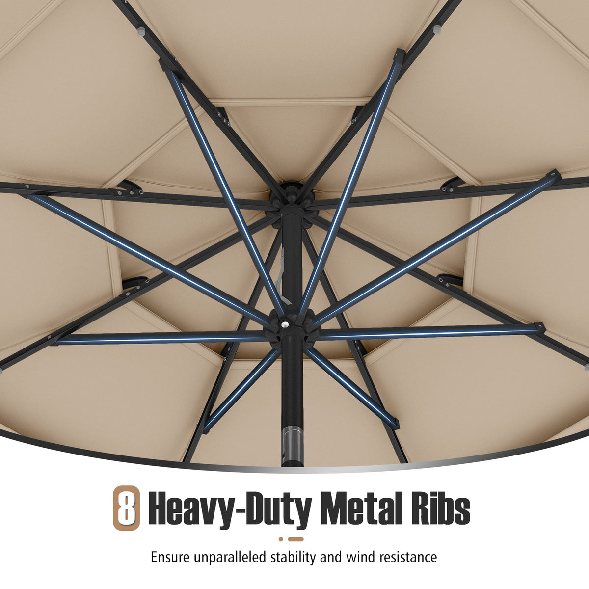 10 ft Solar Patio Umbrella with 32 LED Lights, 3-Tier, Beige