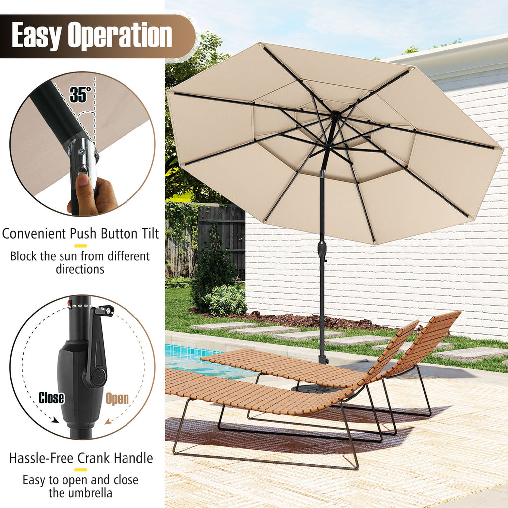 10 ft Solar Patio Umbrella with 32 LED Lights, 3-Tier, Beige