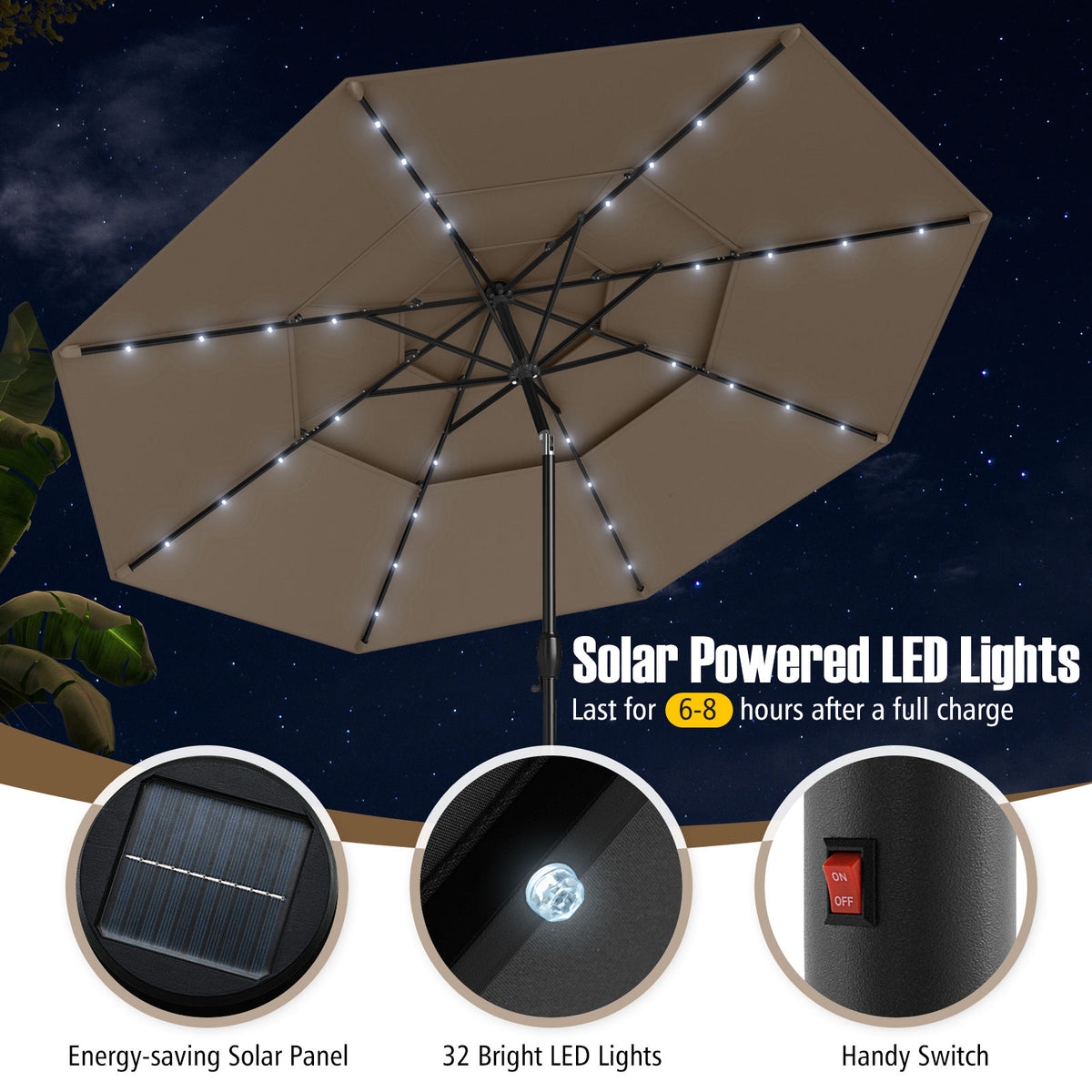 10 FT Solar Patio Umbrella with 32 LED Lights, Taupe