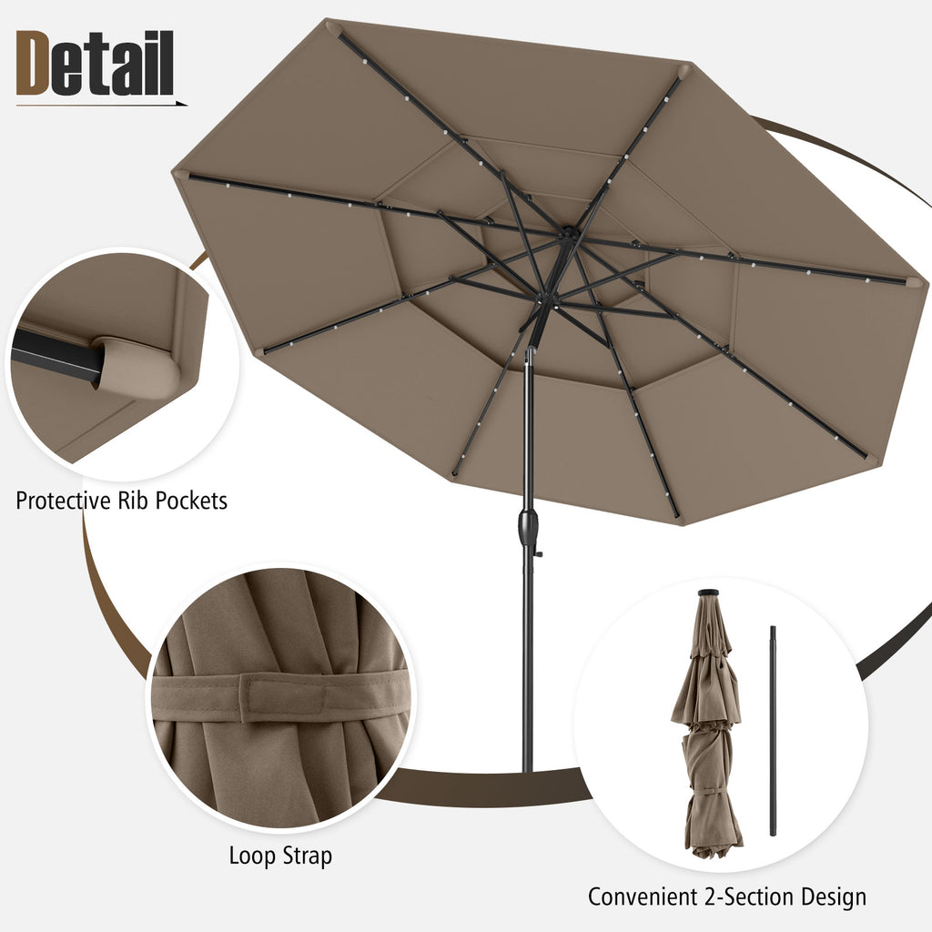 10 FT Solar Patio Umbrella with 32 LED Lights, Taupe
