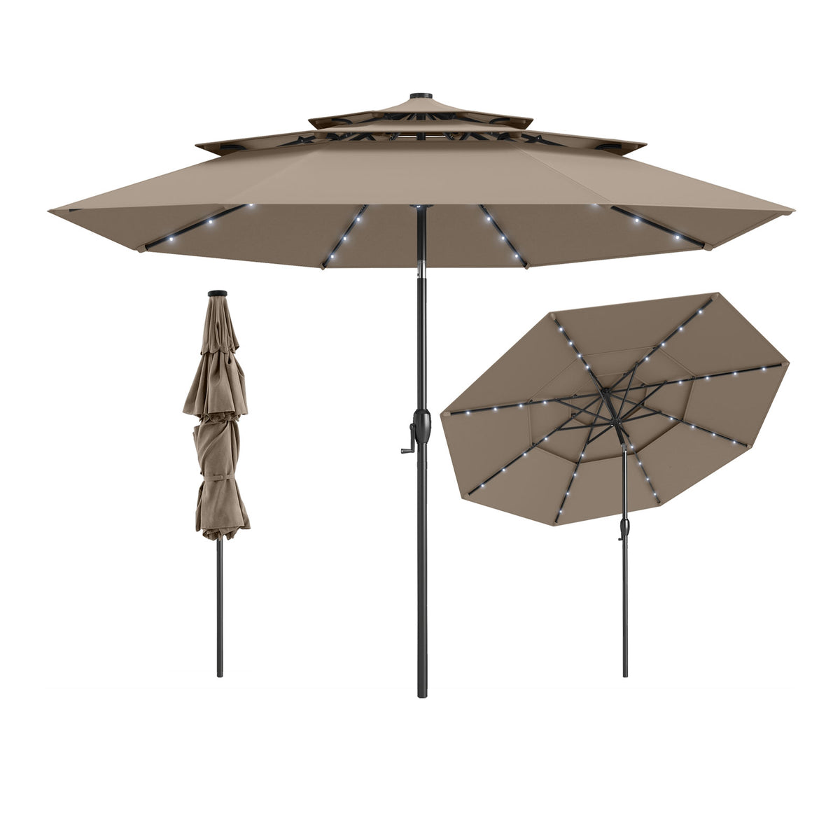 10 FT Solar Patio Umbrella with 32 LED Lights, Taupe