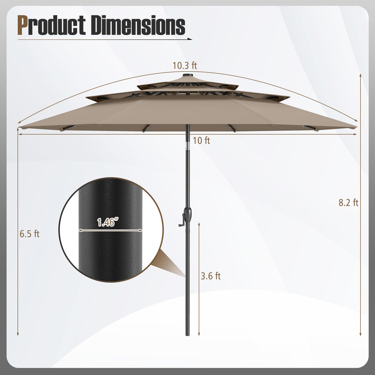 10 FT Solar Patio Umbrella with 32 LED Lights, Taupe