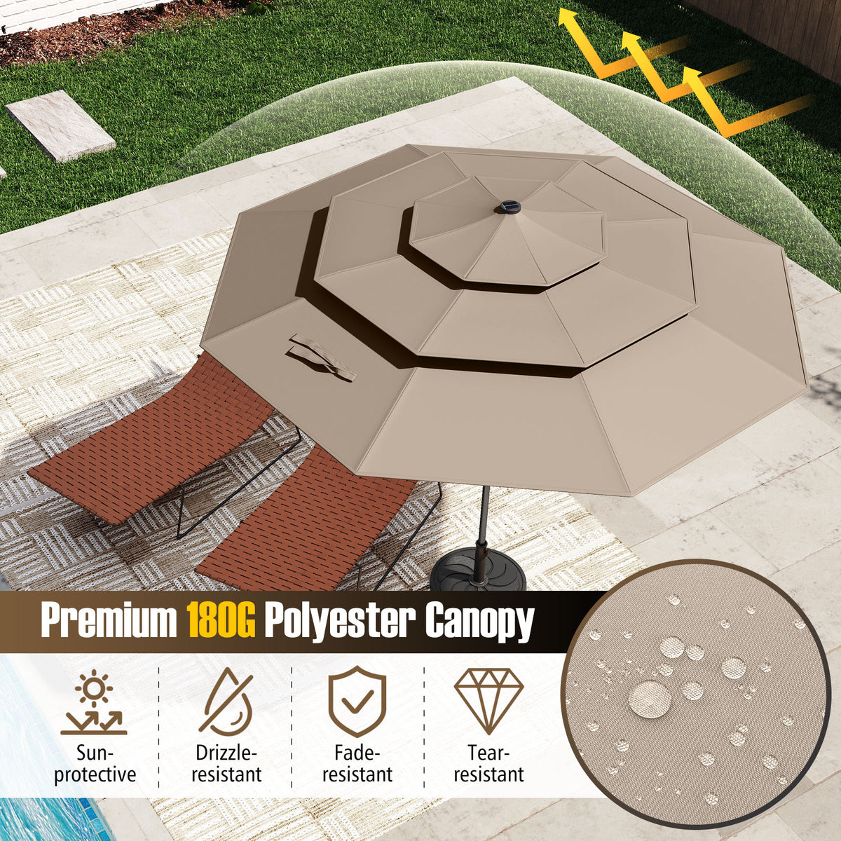 10 FT Solar Patio Umbrella with 32 LED Lights, Taupe