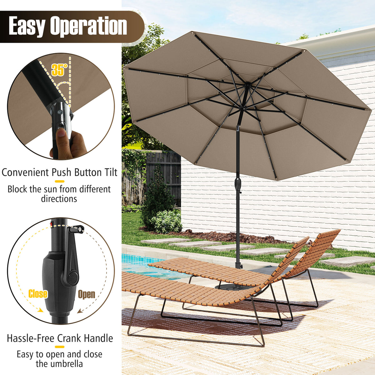 10 FT Solar Patio Umbrella with 32 LED Lights, Taupe