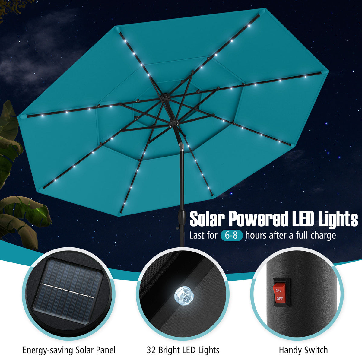 10 Ft Solar Patio Umbrella with 32 LED Lights, Turquoise