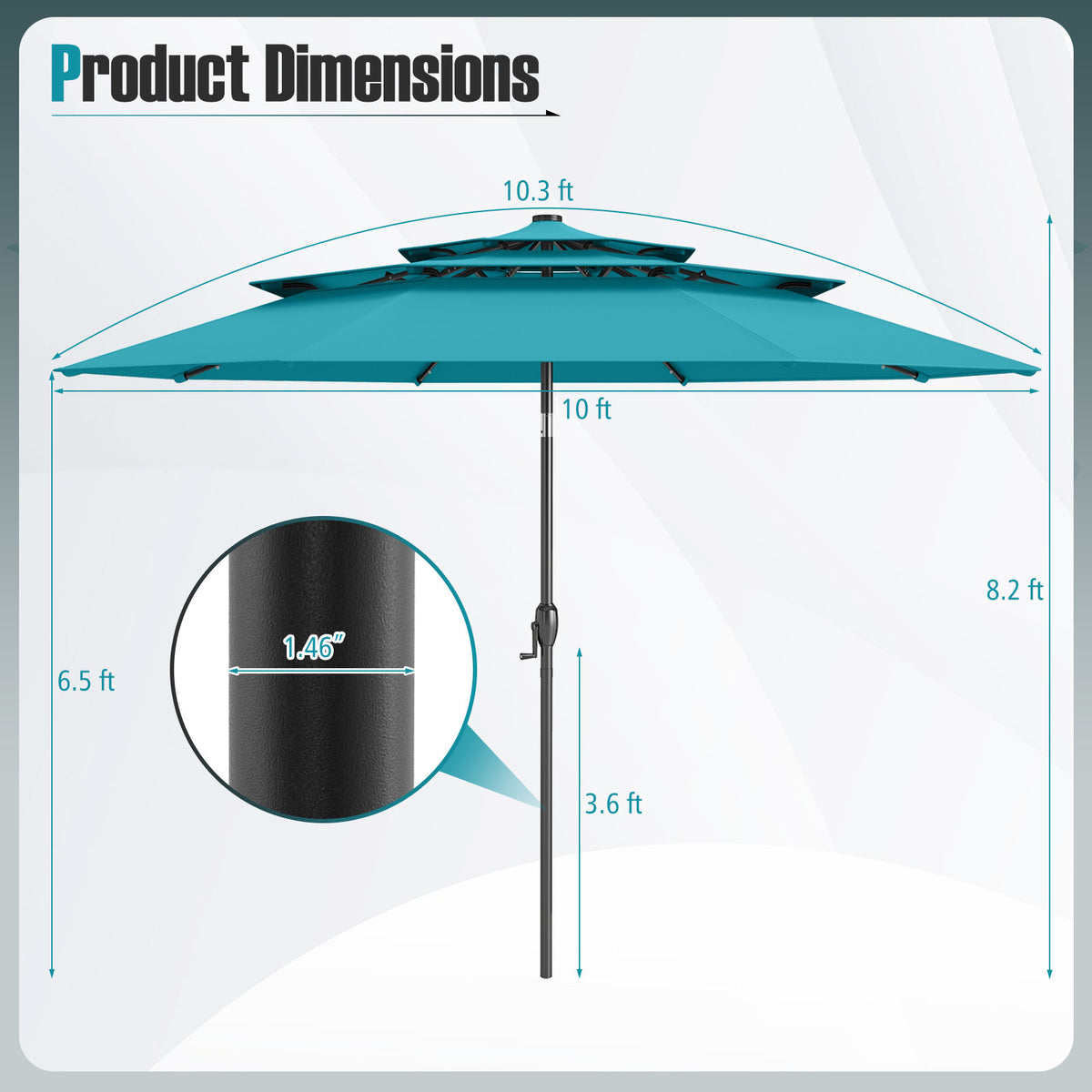 10 Ft Solar Patio Umbrella with 32 LED Lights, Turquoise