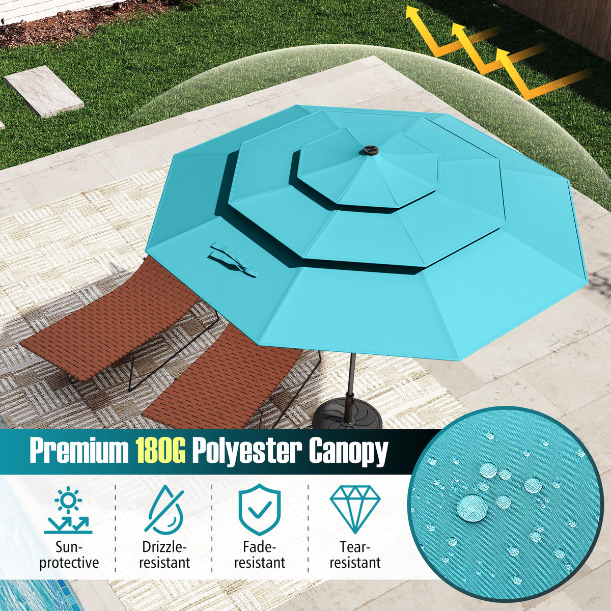 10 Ft Solar Patio Umbrella with 32 LED Lights, Turquoise