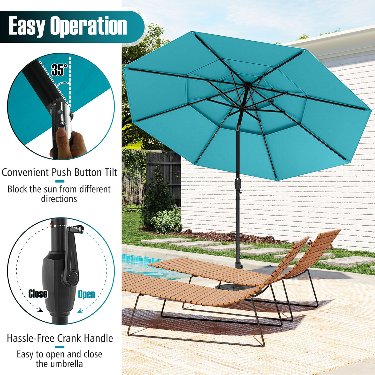 10 Ft Solar Patio Umbrella with 32 LED Lights, Turquoise
