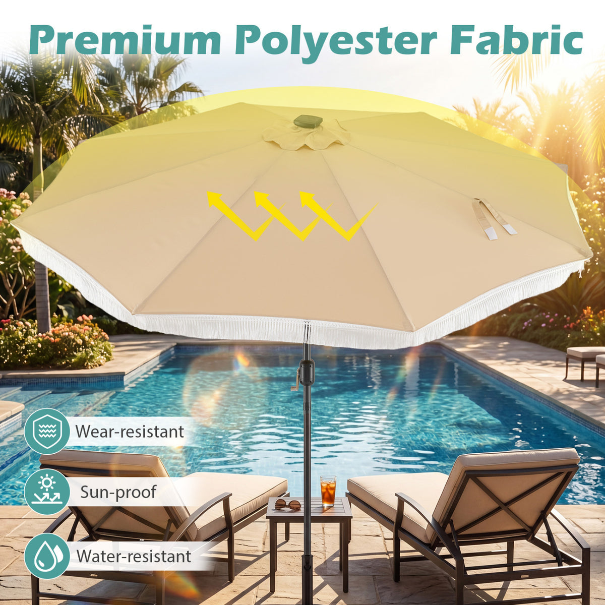 10 Feet Solar Patio Umbrella with 24 LED Lights for Yard