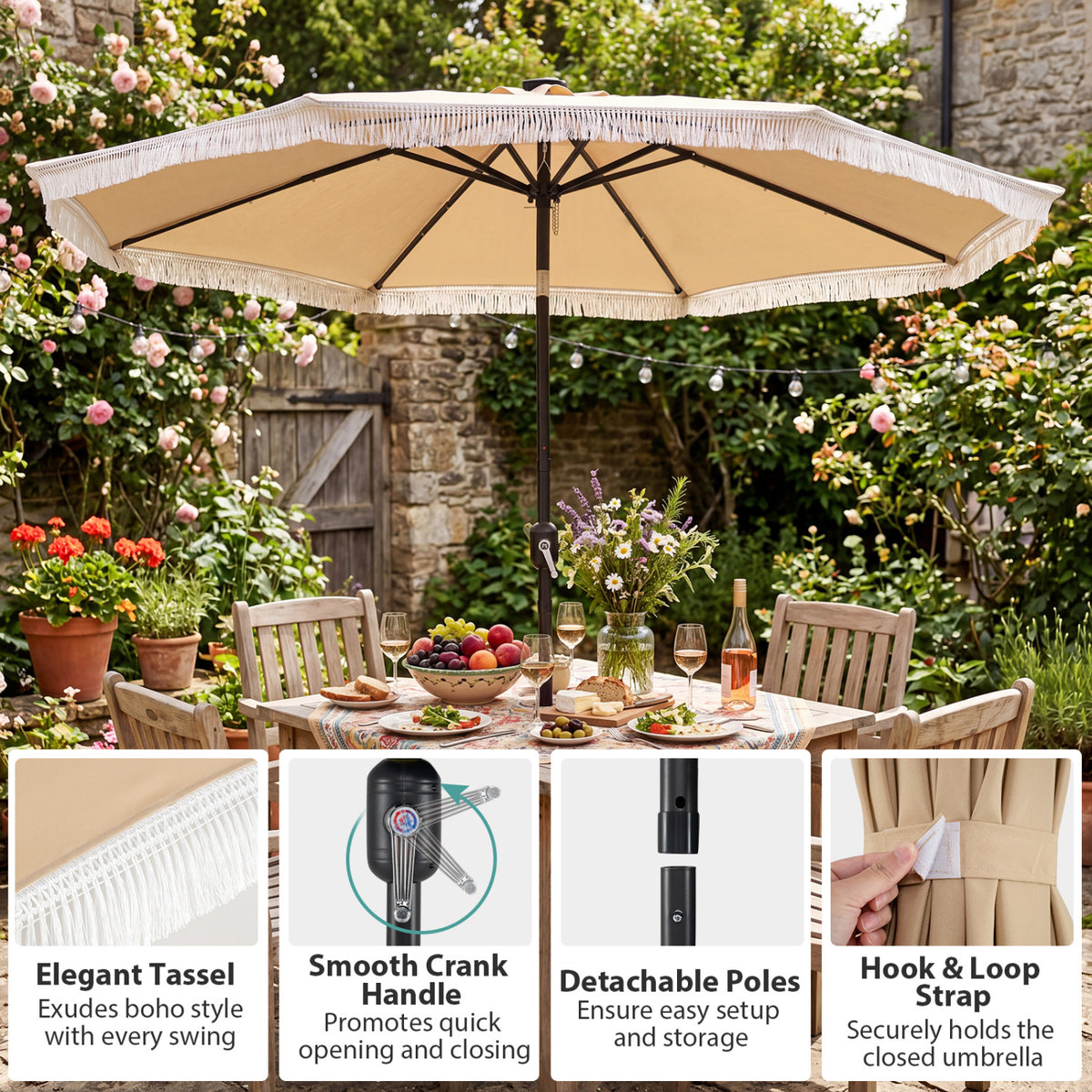 10 Feet Solar Patio Umbrella with 24 LED Lights for Yard