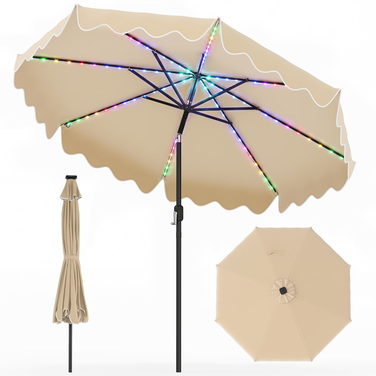10 Feet Solar Patio Umbrella with Color-Changing LED Lights