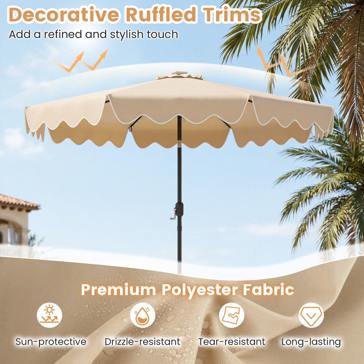 10 Feet Solar Patio Umbrella with Color-Changing LED Lights
