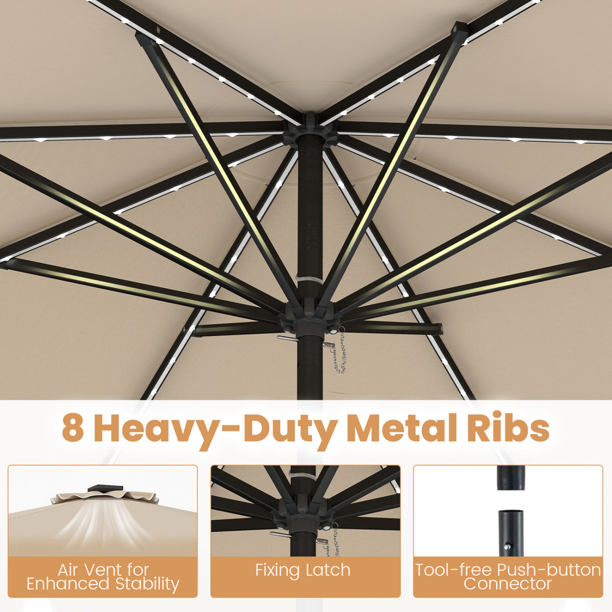 10 Feet Solar Patio Umbrella with Color-Changing LED Lights