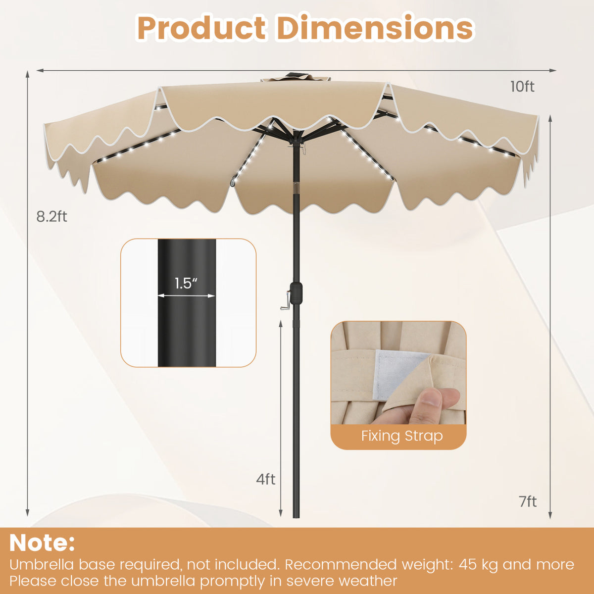 10 Feet Solar Patio Umbrella with Color-Changing LED Lights