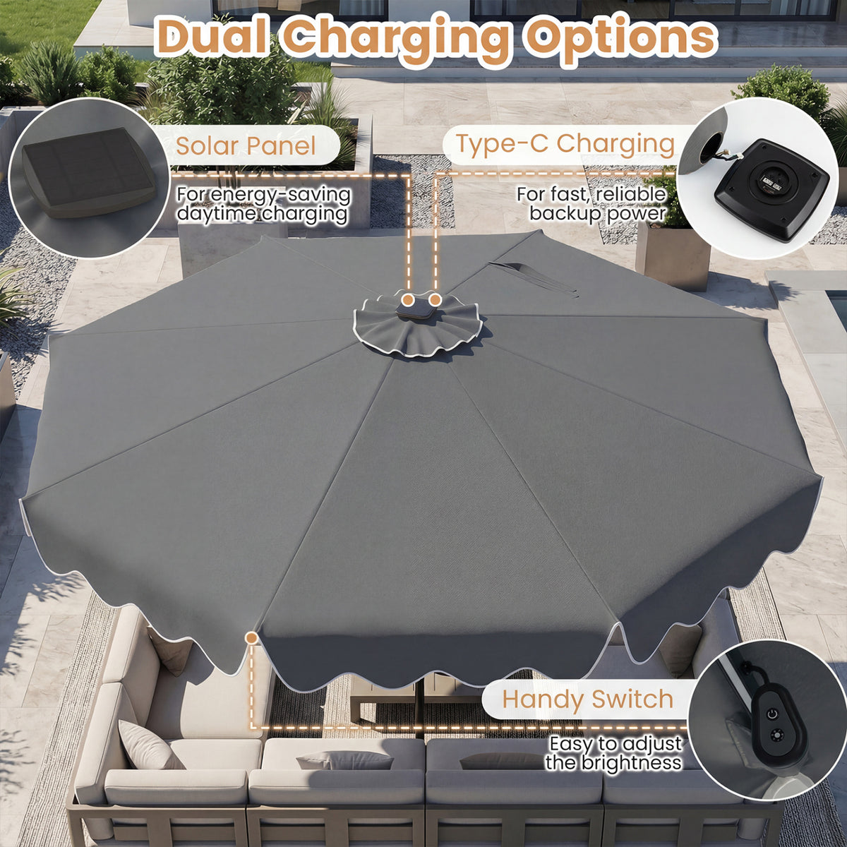 10 Feet Solar Patio Umbrella with Color-Changing LED Lights