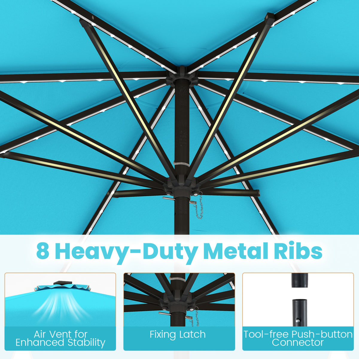 10 Feet Solar Patio Umbrella with Color-Changing LED Lights
