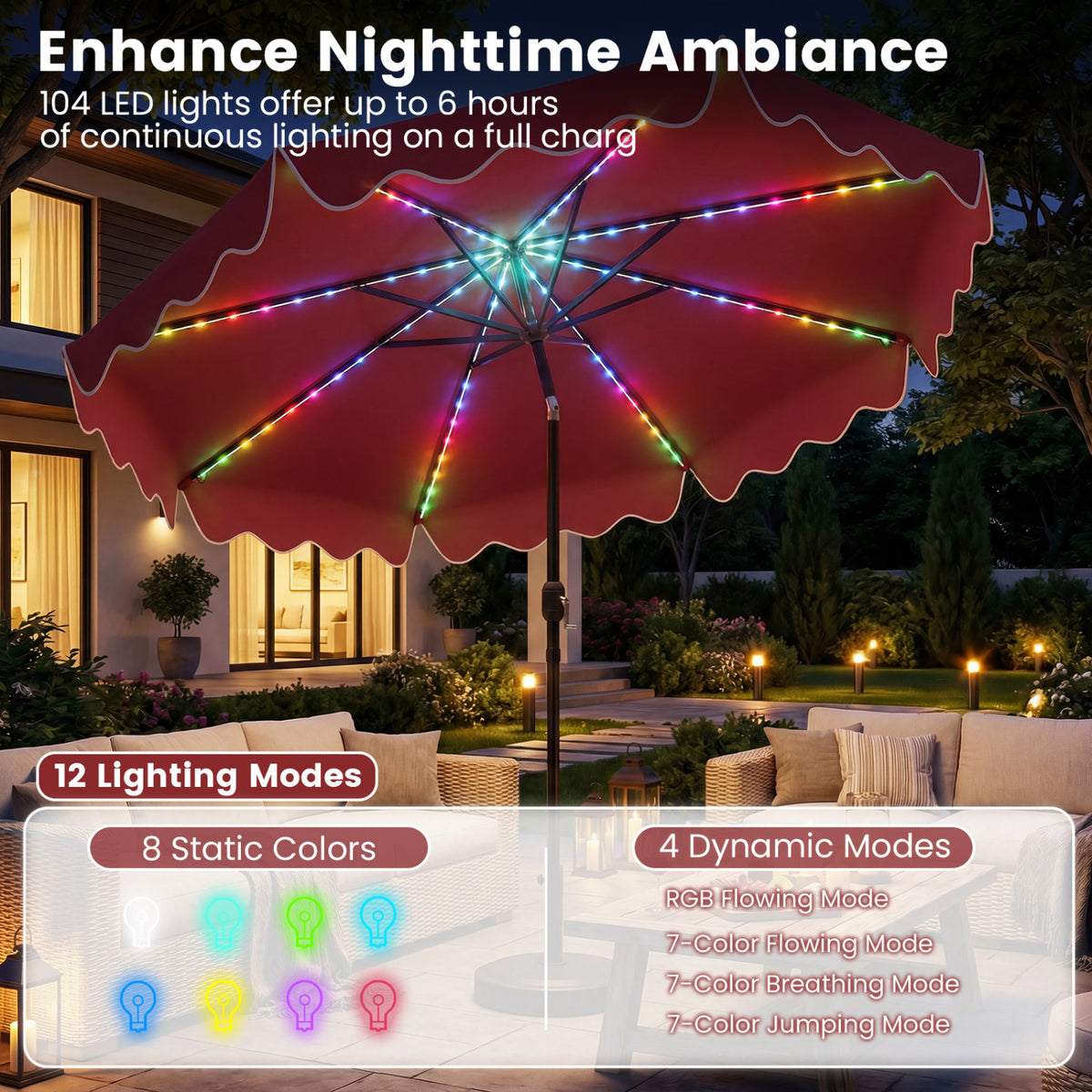 10 Feet Solar Patio Umbrella with Color-Changing LED Lights