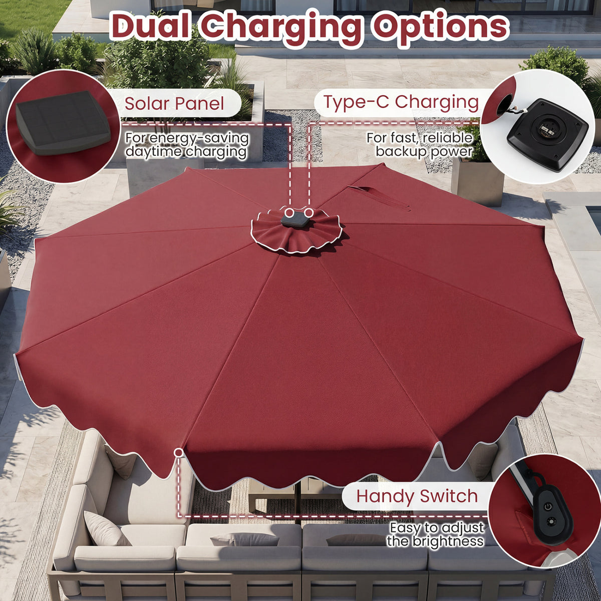 10 Feet Solar Patio Umbrella with Color-Changing LED Lights