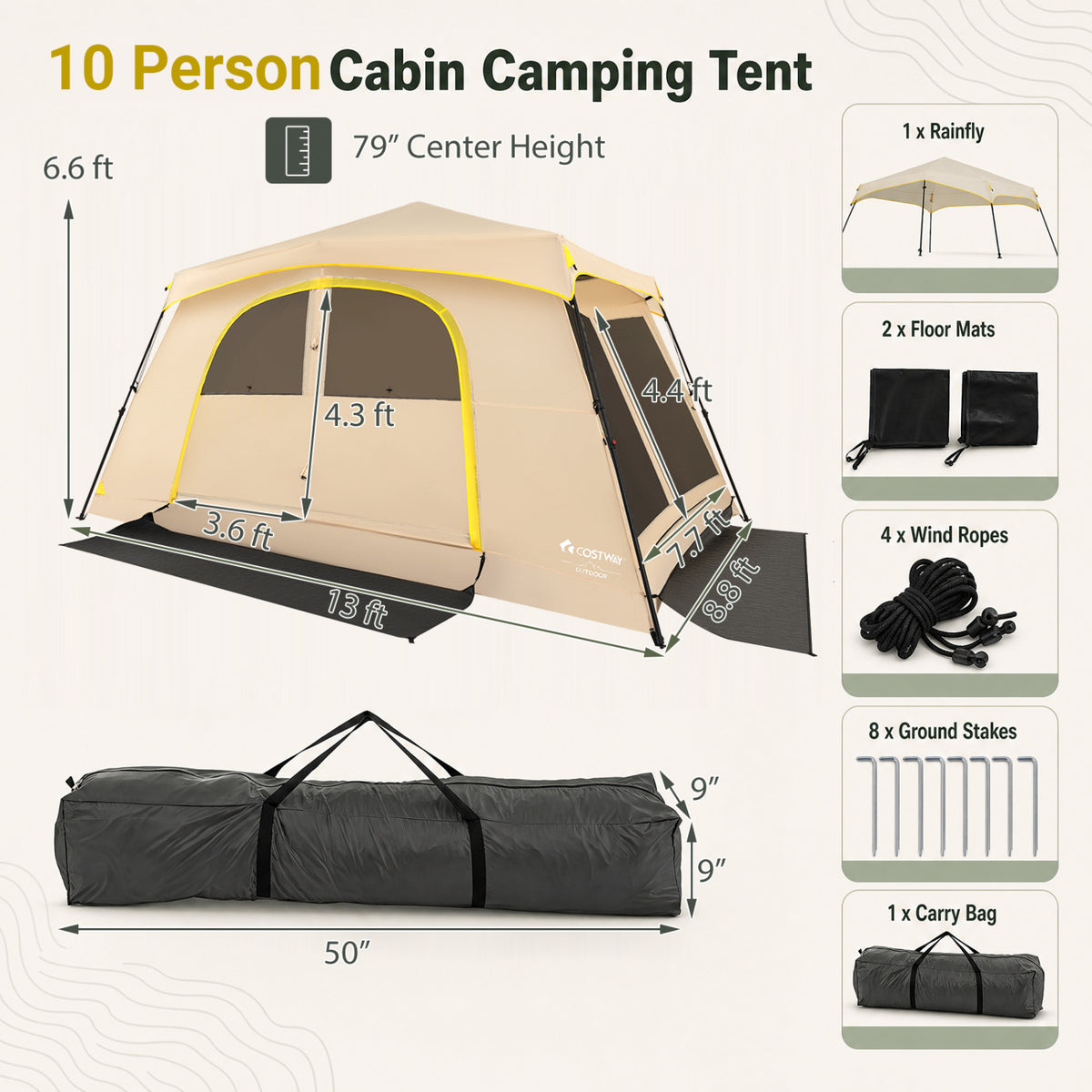 10 Person Instant Cabin Camping Tent with Rainfly 13 ft x 9 Portable