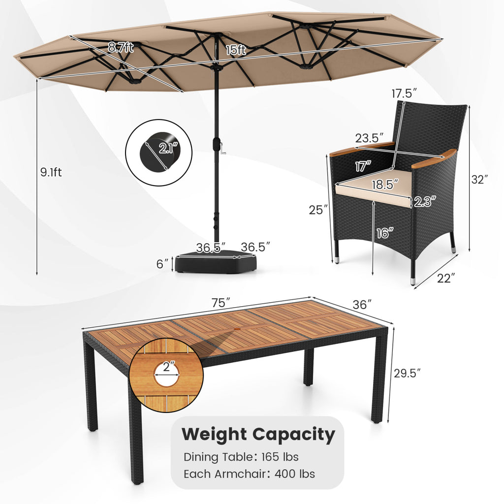 10 Piece Outdoor Dining Set with 15 Feet Double-Sided Twin Umbrella