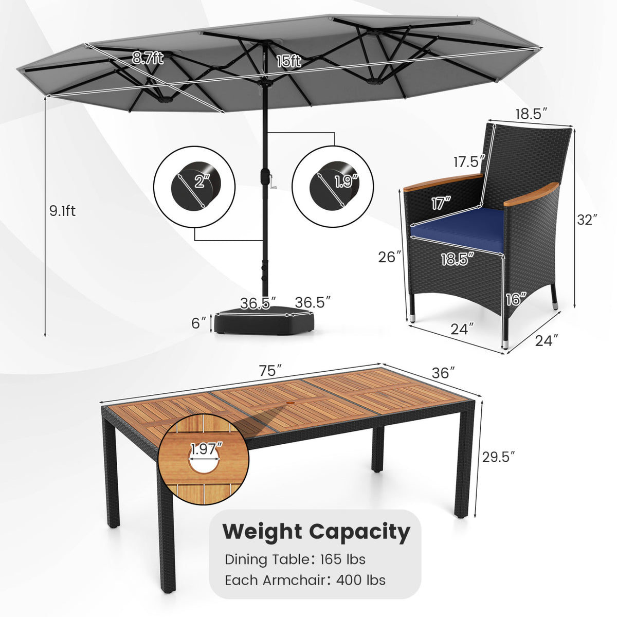 10-Piece Outdoor Patio Dining Set with 15 ft Umbrella - Gray