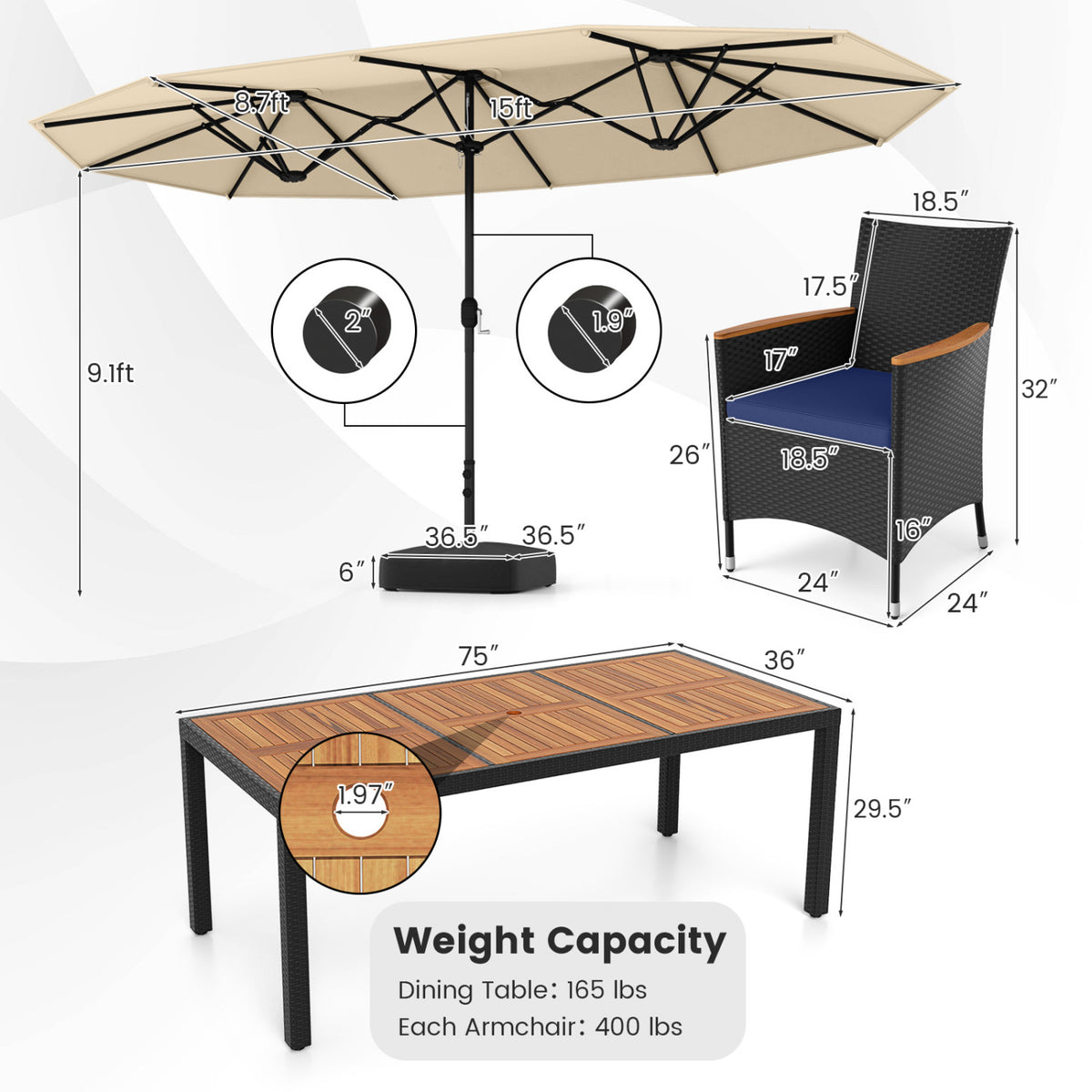 10-Piece Outdoor Patio Dining Set with 15 ft Umbrella - Beige