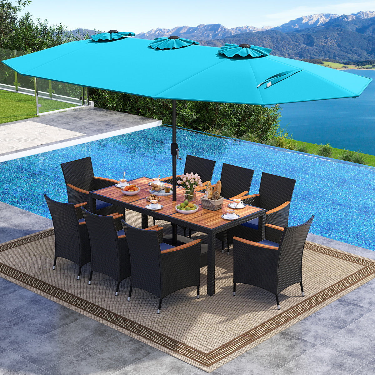 10 Piece Outdoor Patio Dining Set with 15 Feet Double-Sided Twin