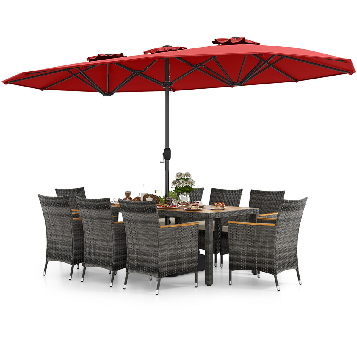 10-Piece Outdoor Dining Set for 8 with Patio Umbrella - Red