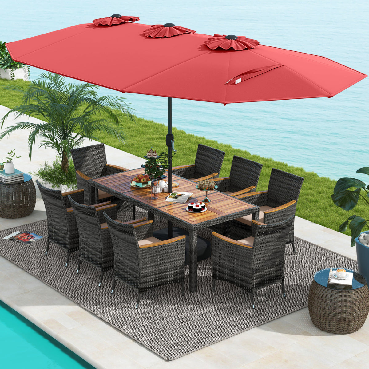 10-Piece Outdoor Dining Set for 8 with Patio Umbrella - Red