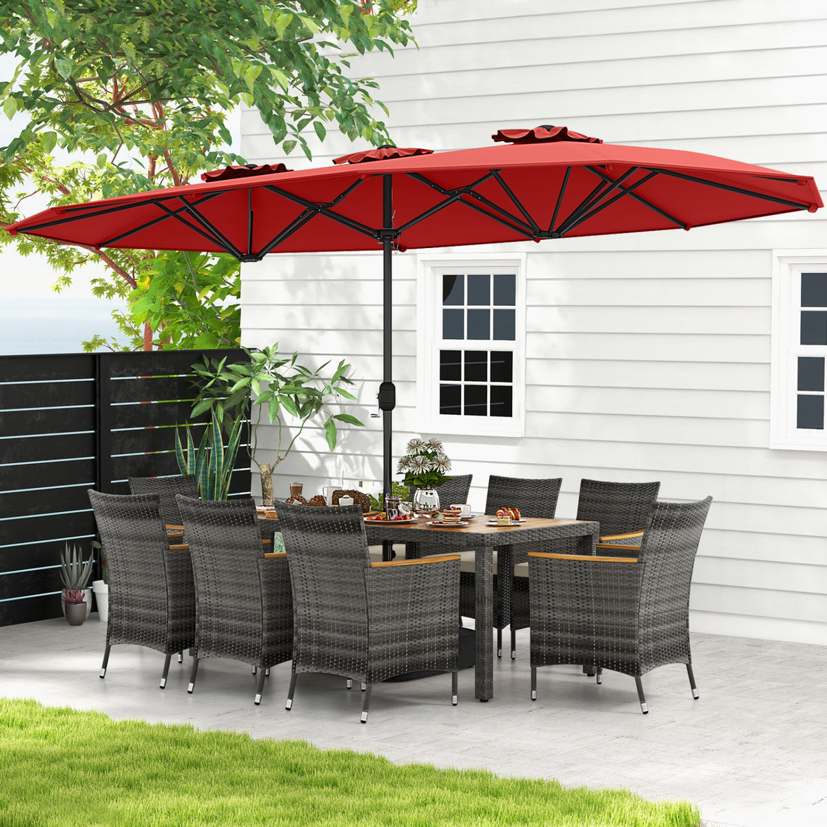 10-Piece Outdoor Dining Set for 8 with Patio Umbrella - Red