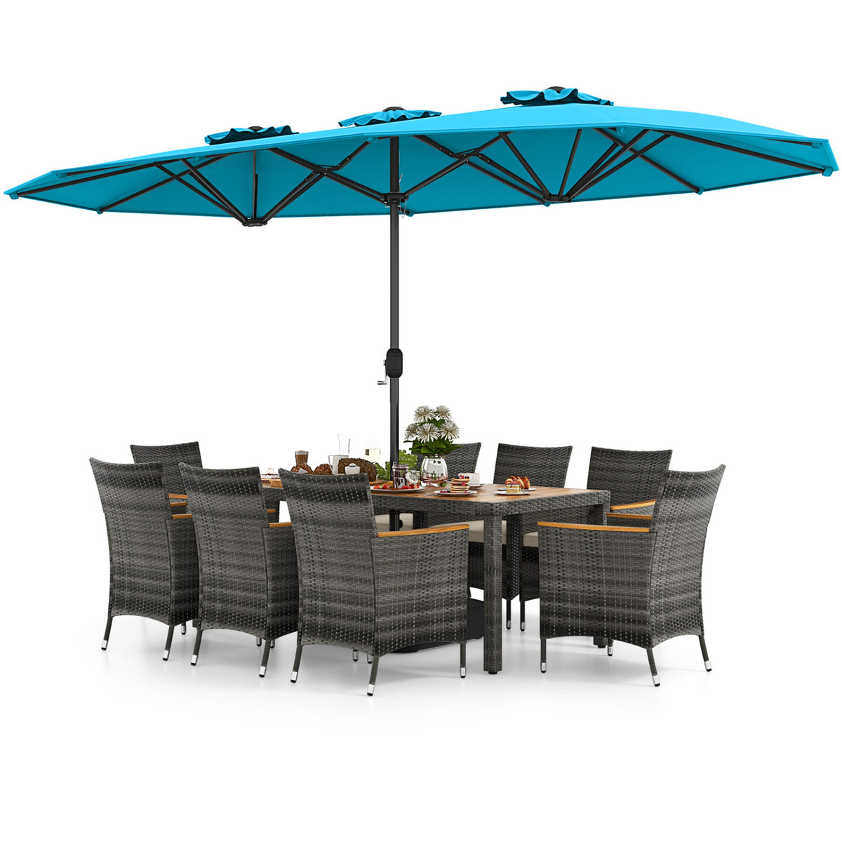 10 Pieces Wicker Outdoor Dining Set for 8 with 15 Feet Patio Umbrella